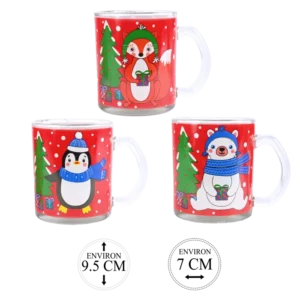 MUGS DE NOEL EN VERRE FOND ROUGE SAPIN 3 ASS