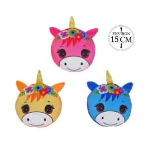PELUCHE RONDE MOTIF TETE DE LICORNES 15CM